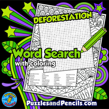 Preview of Deforestation Word Search Puzzle Activity with Coloring | Environmental Issues