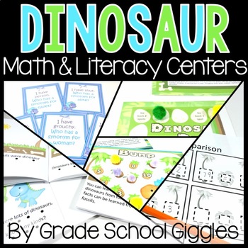 Preview of Dinosaur Worksheets, Dinosaur Theme Writing, Math, And Reading Center Activities