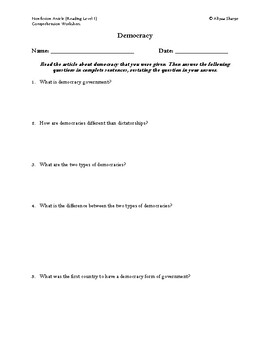 Preview of Democracy Article (Reading Level 1) Comprehension Worksheet