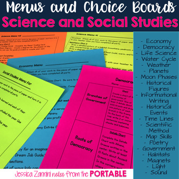 Preview of Science, Social Studies, Democracy, and Economy Menus and Choice Boards Bundle