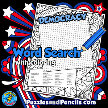 Preview of Democracy Word Search Puzzle Activity Page with Coloring | US Government