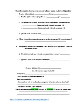 Preview of Demographic Data Questionnaire for Parents in Spanish!