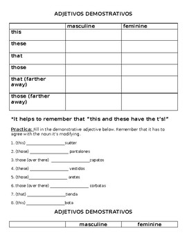 Preview of Demonstrative Adjectives Notes Sheet