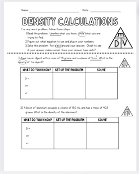 Preview of Density Calculations Worksheet (and answers)