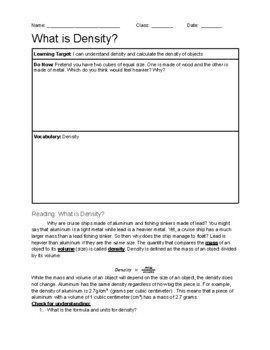 Preview of Density Introduction and Calculation Worksheet