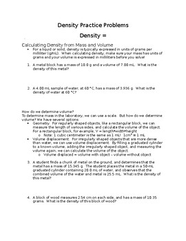 Preview of Density Practice Problems - Set B