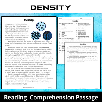 Preview of Density Reading Comprehension Passage and Questions | Printable PDF