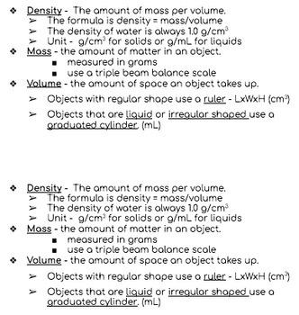 Preview of Density lesson notes - printable