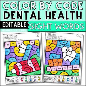 Preview of Dental Health Color by Sight Word Practice Pre-Primer and Primer Editable