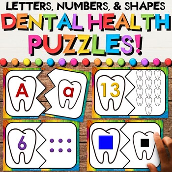 Preview of Dental Health & Hygiene Math & Literacy Puzzles with Alphabet & Shape Activities