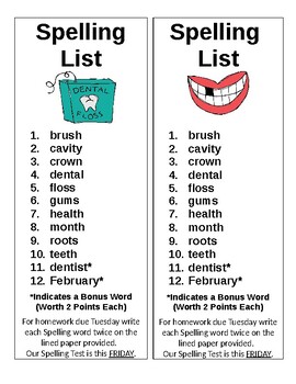 Dental Health Month Spelling List (Editable)