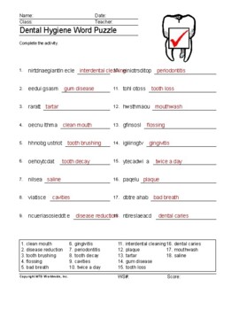 Dental Hygiene Word Search Worksheet and Printable Vocabulary Puzzles