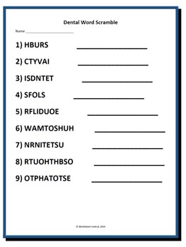 Dental Vocabulary Word Scramble W Answer Key By Worksheet Central