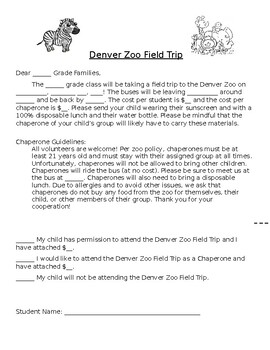 Preview of Denver Zoo Field Trip Permission Slip