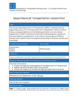 Preview of Department of Transportation Lesson Plan and Worksheet