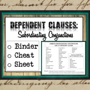 Preview of Dependent Clauses: Subordinating Conjunctions Cheat Sheet for Binders