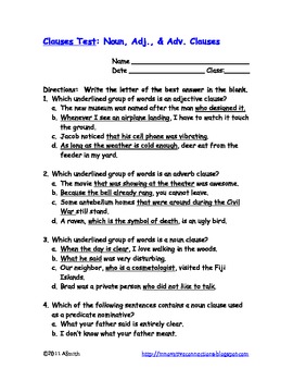 Dependent Clauses Test & Key: Adjective, Adverb, and Noun ...