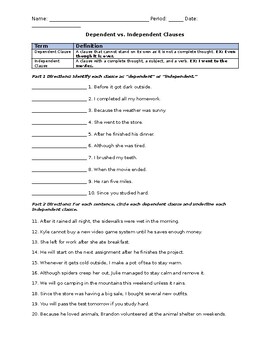 Preview of Dependent and Independent Clause Worksheet