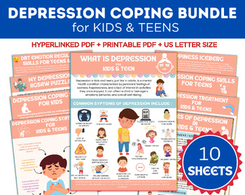 Preview of Depression Coping Skills Handout Bundle for Kids & Teens , Mental Health, Coping