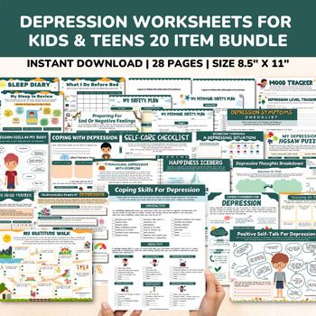 Preview of Depression Worksheets Mental Health 20 Item Bundle-SEL Counseling Coping Skills