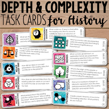 Preview of Depth and Complexity Critical Thinking Task Cards for History/Social Studies