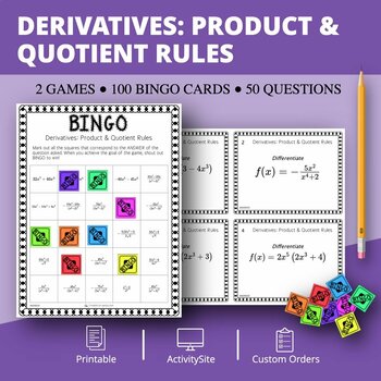 Preview of Calculus Derivatives: Product and Quotient Rule Math Bingo Review Game