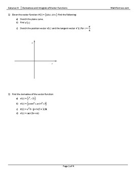 Preview of Derivatives and Integrals of Vector Functions Worksheet