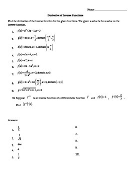 ap calculus worksheet 5 3 derivatives of inverse functions answers
