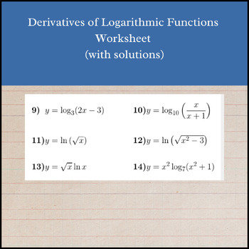 Preview of Derivatives of Logarithmic Functions Worksheet (with solutions)