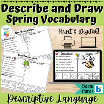 Preview of Describe and Draw Spring Speech Therapy Language Activity Print + Boom Cards