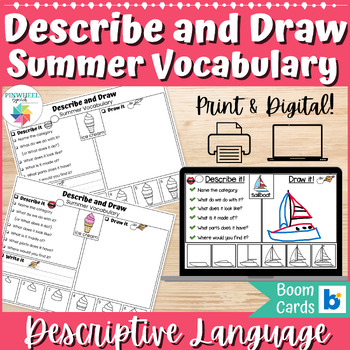 Preview of Describe and Draw Summer Vocabulary Speech Therapy Language Print + Boom Cards