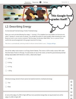 Preview of Describing Energy worksheet | Physical Science | Google Form, KE and GPE