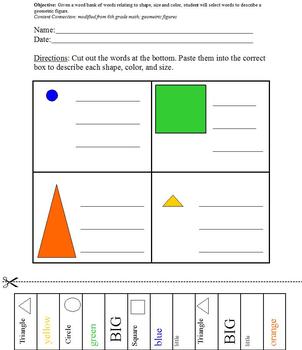 Preview of Describing Geometric Figures with Word Bank; Differentiated for Special Ed