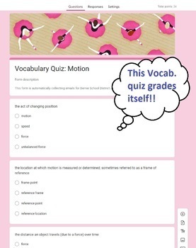 Preview of Describing Motion Vocabulary Quiz - Physical Science - Google Form