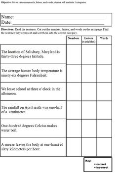 Preview of Describing and Sorting With Numbers, Letters, and Words; Cut & Paste