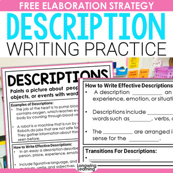 Preview of Description Writing Anchor Chart and Practice Worksheet for Elaborating in Essay