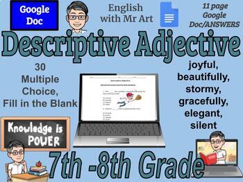 Preview of Descriptive Adjective - English - 30 Multiple, Answers - 7th-8th grades 10 pages