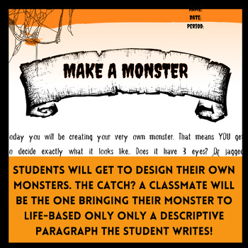Preview of Descriptive Paragraph Writing: Making a Monster! ELA HALLOWEEN Writing Activity