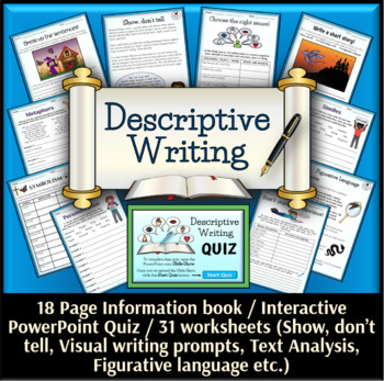 Preview of Descriptive Writing - 31 Creative Writing Worksheets, PDF Booklet and PPT Quiz