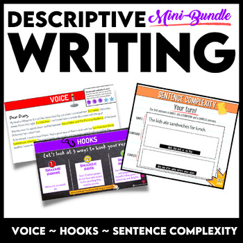 Preview of Descriptive Writing Activities BUNDLE Sentence Structure, Voice, and Essay Hooks