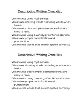 descriptive writing checklist by growing minds and harvesting love