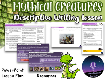 Preview of Mythical Creatures Descriptive Writing - Lesson Plan, PowerPoint, Worksheets