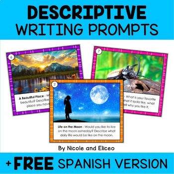 Preview of Descriptive Writing Prompt Task Cards + FREE Spanish