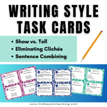 Preview of Writing Task Cards for Show Don't Tell, Sentence Combining, Word Choice