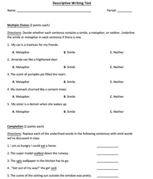 Descriptive Writing Test (and/or Pretest) by View from the Middle