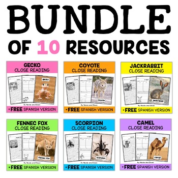 Preview of Desert Animal Close Reading Passages Bundle + FREE Spanish