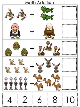 Preview of Desert Animals Themed Math Addition Printable Preschool Curriculum Game.