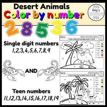 Preview of Desert animals Color by number single digit and teen numbers Number recognition