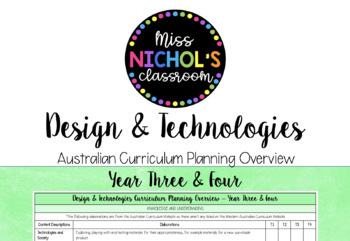 Preview of Design & Technologies Planning Overview Australian Curriculum Year 3/4