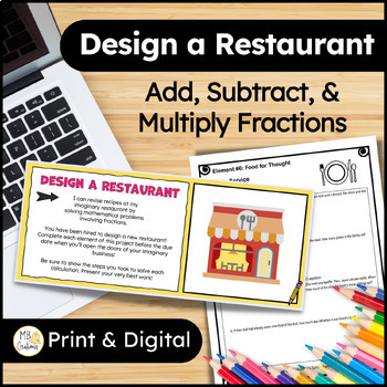 Preview of 4th Grade Add, Subtract, Multiply Fractions Math Project Restaurant Theme GATE